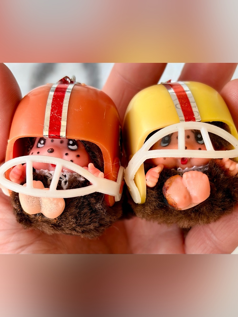 Vintage 1979 Monchhichi Bebichhichi Mini 2” Plush Clip-On Dolls wearing Helmets